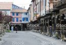 Mirepoix Mirepoix, France - April 8, 2014: Wooden arcaded streets of the French medieval village of Mirepoix.
